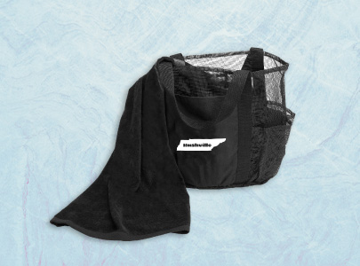 Large black beach Bag and a towel set screen-printed with Nashville logo for Nashville, Tennessee.
