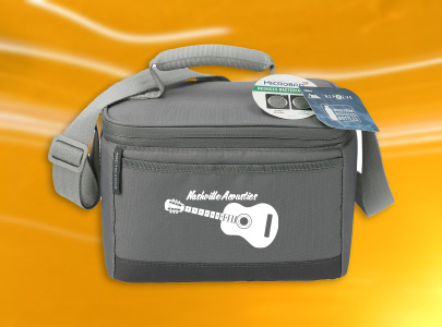 Insulated, grey, Tote Bag Style Cooler with a zippered top custom imprinted with Nashville logo for Nashville, Tennessee.