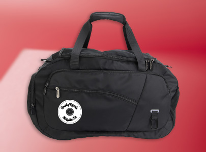 Black duffle Bag with multiple zippered pockets, screen printed with a custom logo for Nashville, Tennessee.