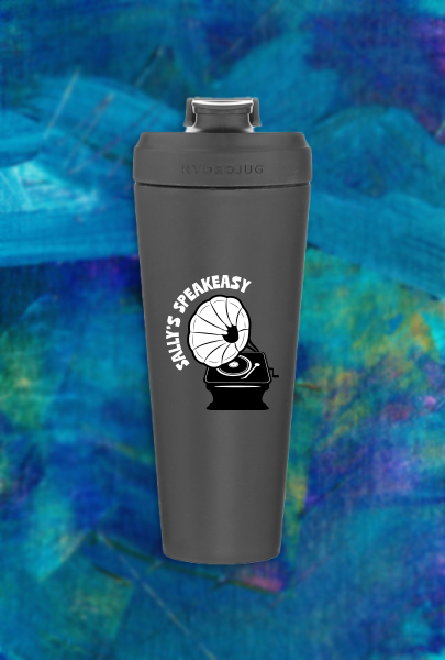 Grey hydro jug, fitness bottle, printed with Sally's Speakeasy logo for Nashville, TN