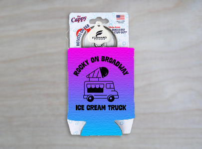 Pink and blue gradient custom coozie printed with Rocky on Broadway Ice Cream Truck logo.