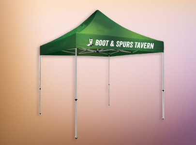 Green tent printed with Boot & Spurs Tavern logo great for tradeshow and event use