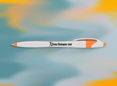 Retractable pen with White Barrel and orange trim imprinted with Hardware Shop logo for Nashville, Tennessee.