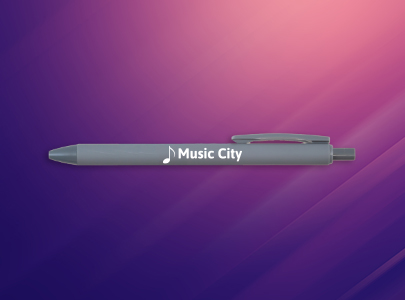 Grey retractable pen imprinted with Music City logo on barrel for Nashville, Tennessee.